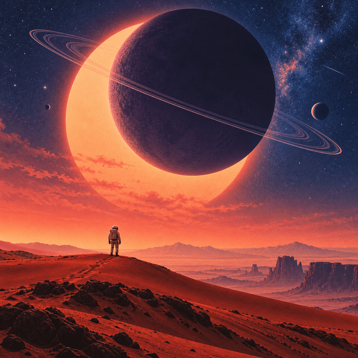 Astronauta em um deserto coral sob um eclipse violeta