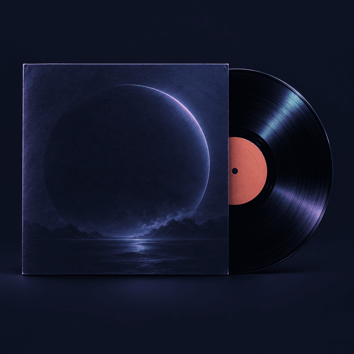Disco de vinil fictício parcialmente fora de uma capa azul-violeta
