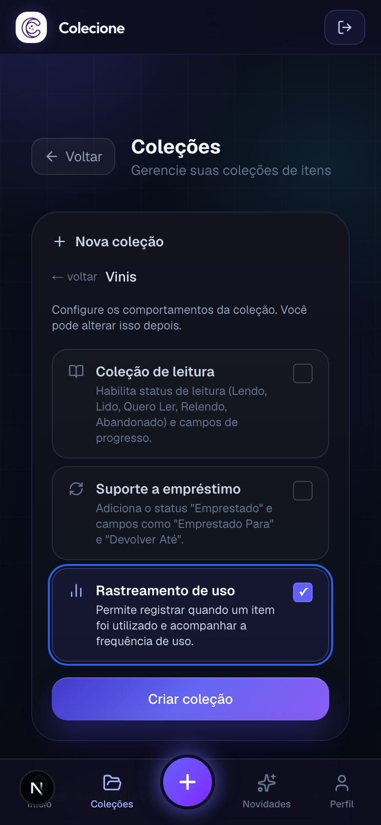 Criar coleção no celular