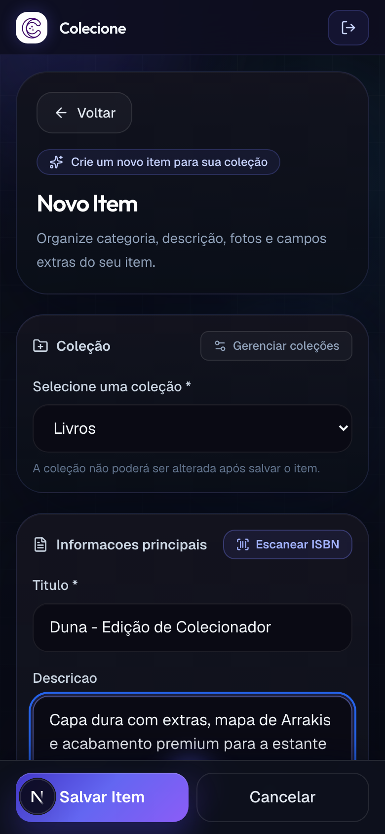 Adicionar item no celular