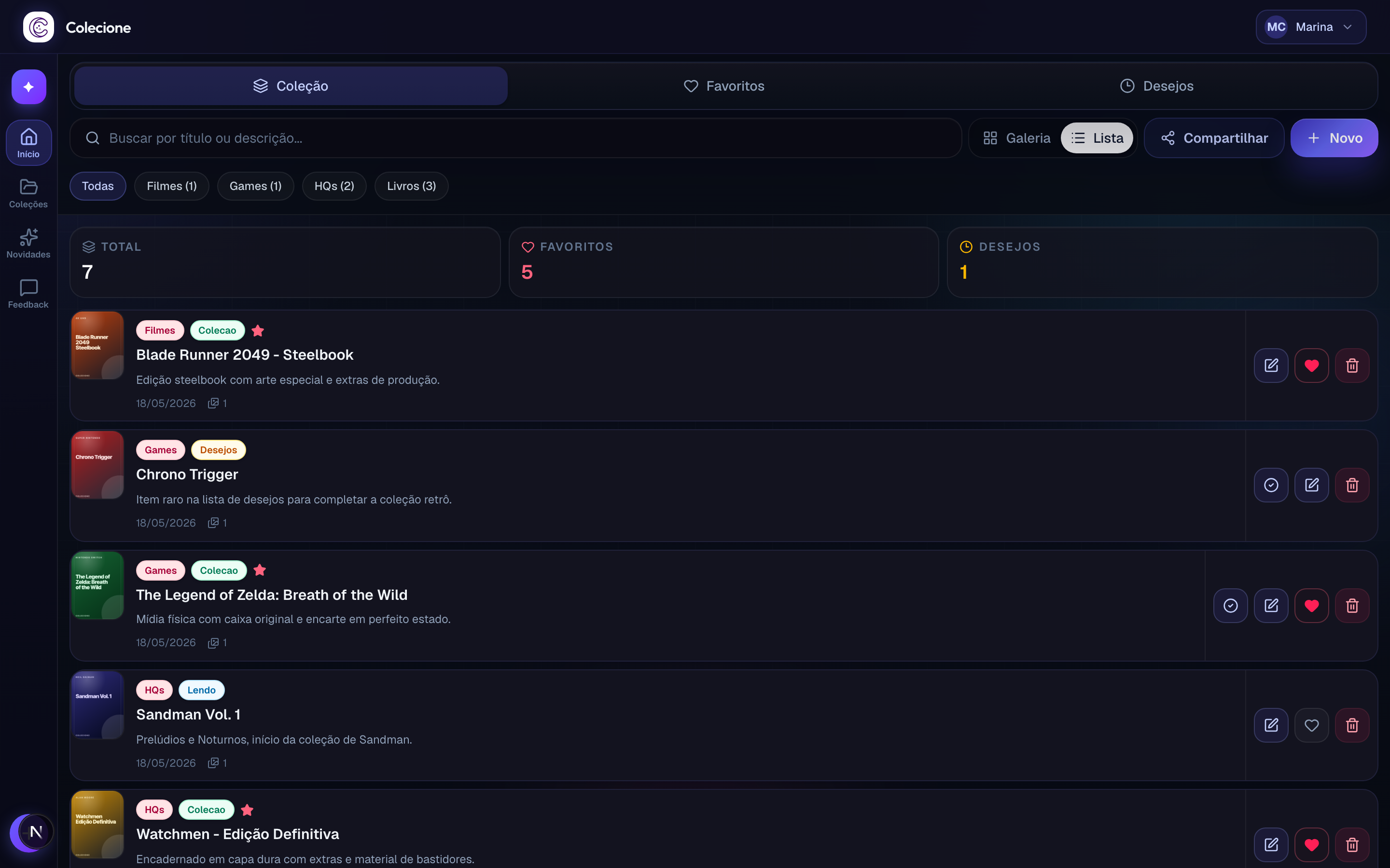 Dashboard no desktop