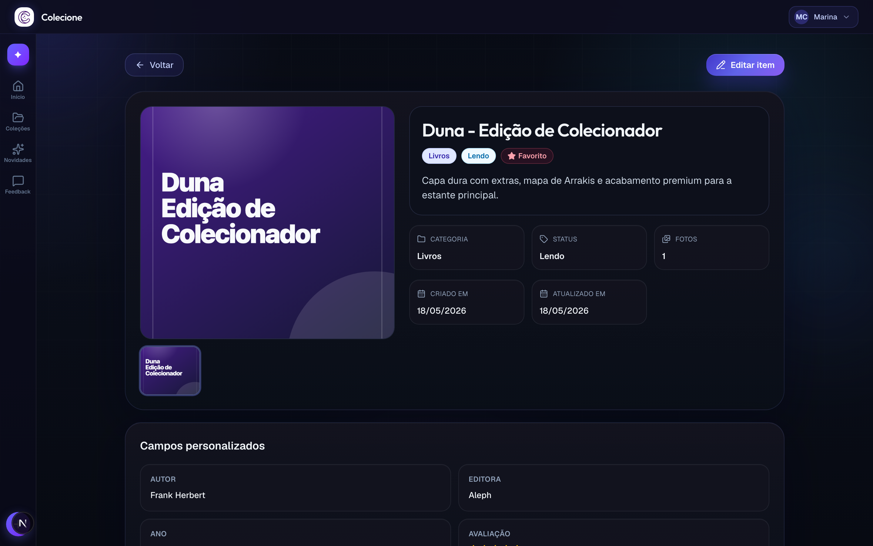 Detalhe do item no desktop